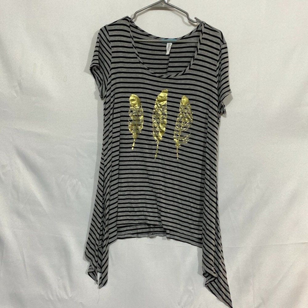 Double Click Womens Multicolor Striped Asymmetrical Hem Blouse Top Size Large